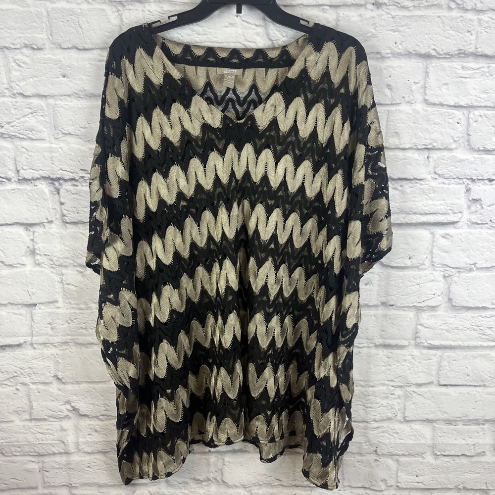 Chico's Chevron Black & Gold Boho Beachy Open Knit Poncho Size Small/Medium